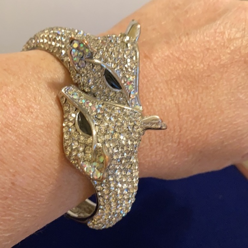 Gorgeous vintage CN stamped crystal pave double fox head hinged bangle